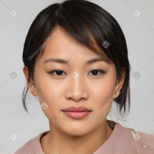 Neutral asian young-adult female with medium  brown hair and brown eyes