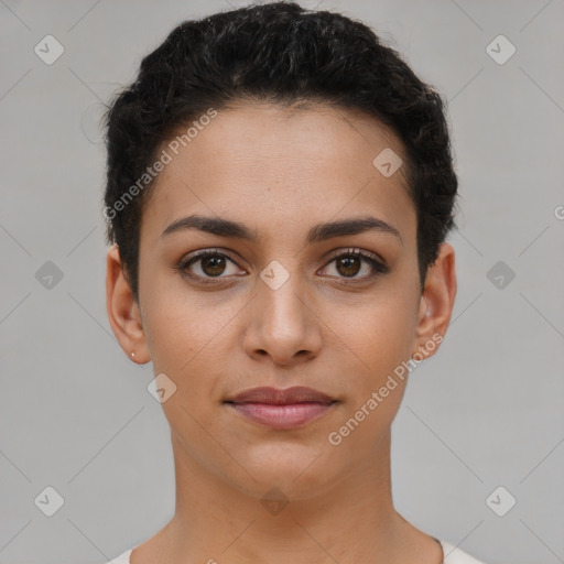 Joyful latino young-adult female with short  brown hair and brown eyes