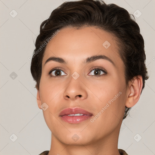 Joyful white young-adult female with short  brown hair and brown eyes