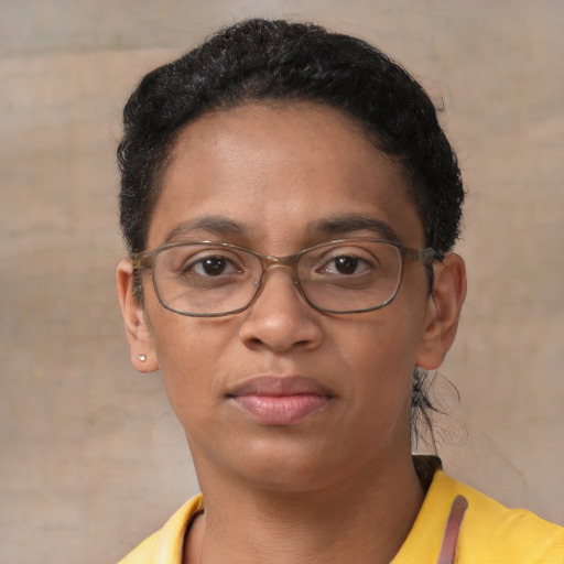 Joyful latino adult female with short  brown hair and brown eyes