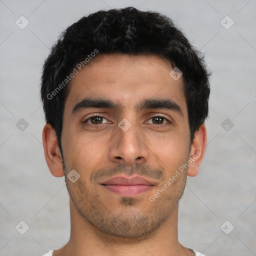 Neutral latino young-adult male with short  black hair and brown eyes