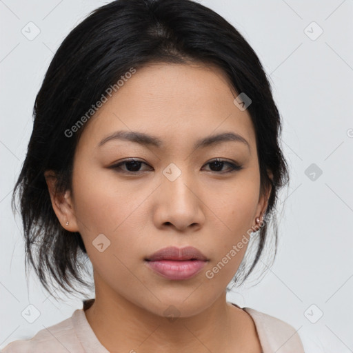 Neutral asian young-adult female with medium  brown hair and brown eyes