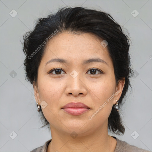 Joyful asian young-adult female with medium  brown hair and brown eyes