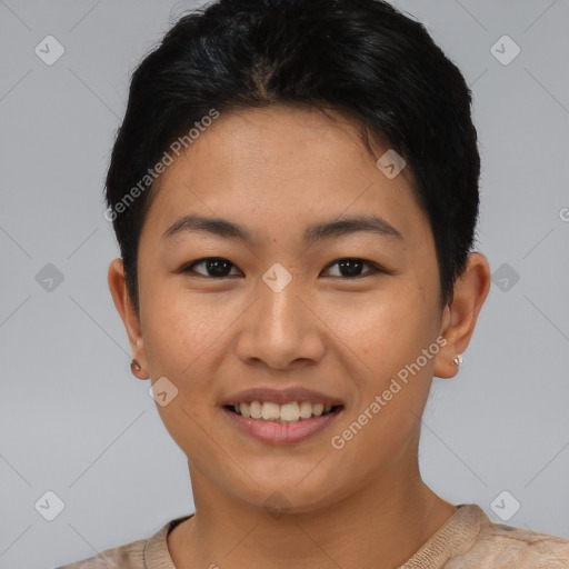 Joyful asian young-adult female with short  black hair and brown eyes