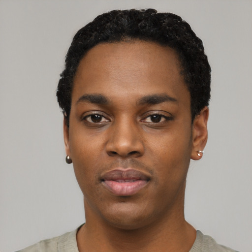 Neutral black young-adult male with short  black hair and brown eyes