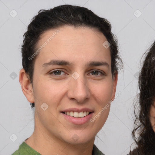 Joyful white young-adult female with medium  brown hair and brown eyes