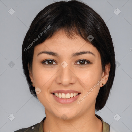 Joyful white young-adult female with medium  brown hair and brown eyes