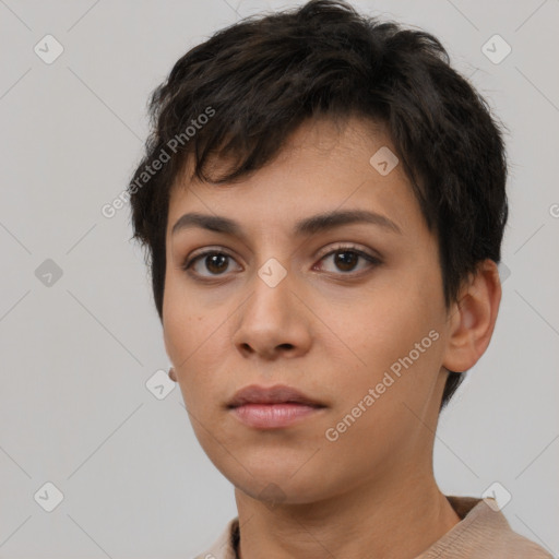 Neutral white young-adult female with short  brown hair and brown eyes