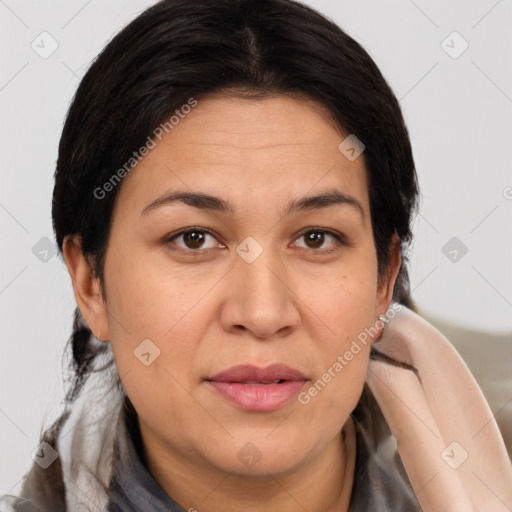 Joyful white adult female with medium  brown hair and brown eyes