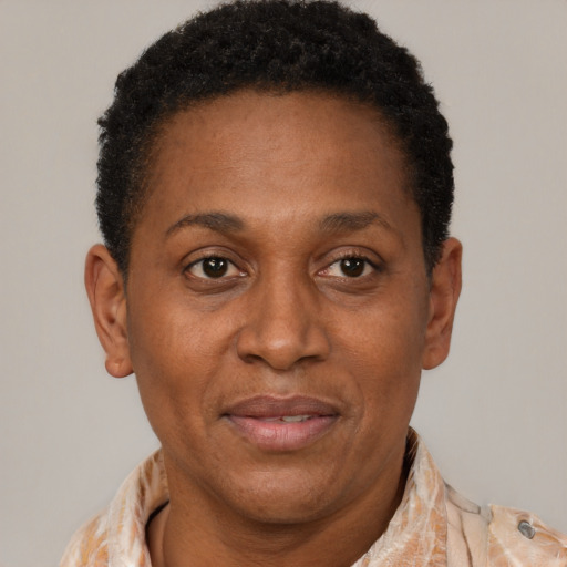 Joyful latino adult female with short  black hair and brown eyes
