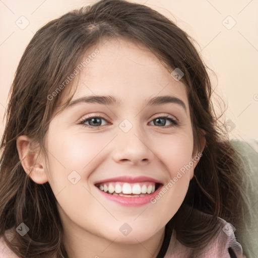 Joyful white young-adult female with long  brown hair and green eyes