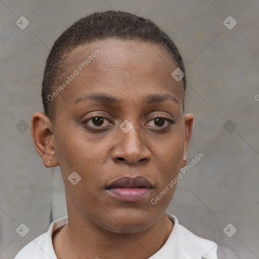 Neutral black young-adult female with short  brown hair and brown eyes