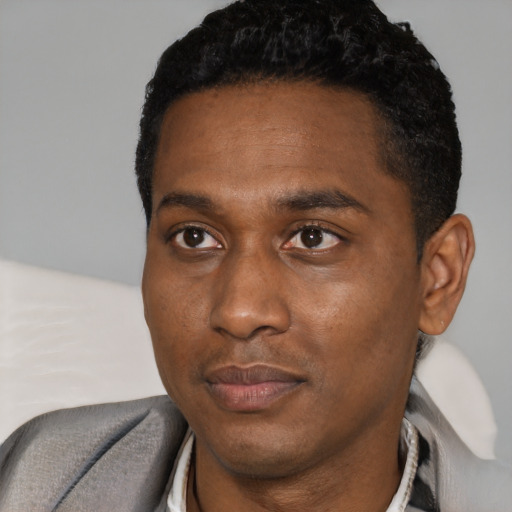 Neutral black young-adult male with short  black hair and brown eyes