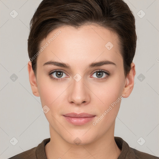 Neutral white young-adult female with short  brown hair and brown eyes