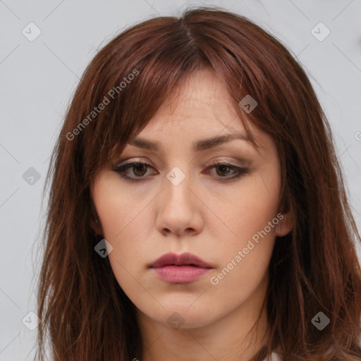 Neutral white young-adult female with long  brown hair and brown eyes