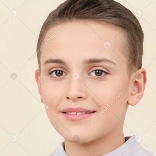 Joyful white child female with short  brown hair and brown eyes