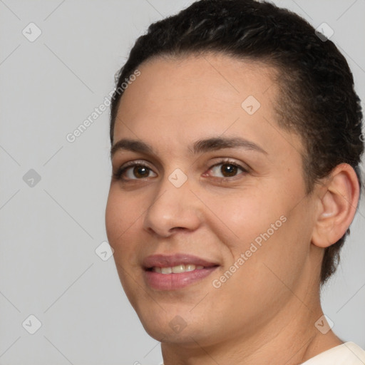 Joyful white young-adult female with short  brown hair and brown eyes