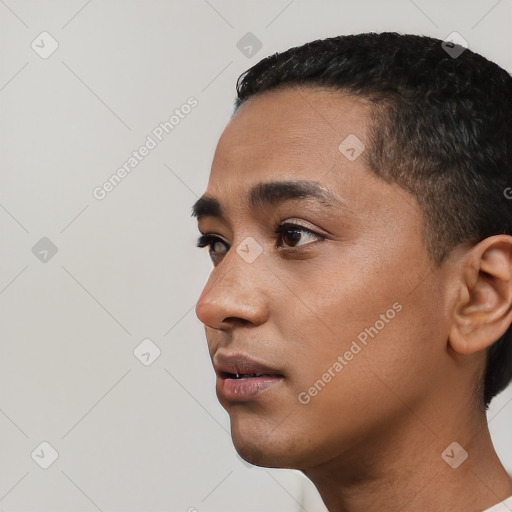 Neutral white young-adult male with short  black hair and brown eyes