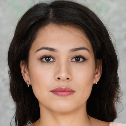 Neutral asian young-adult female with medium  brown hair and brown eyes