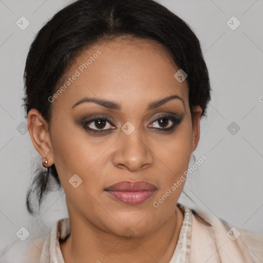 Joyful latino young-adult female with medium  brown hair and brown eyes