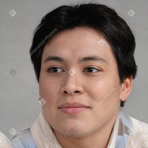 Joyful white young-adult male with medium  brown hair and brown eyes