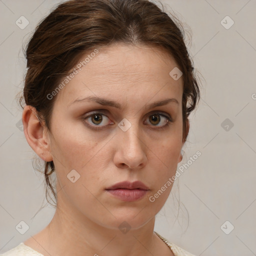 Neutral white young-adult female with medium  brown hair and brown eyes