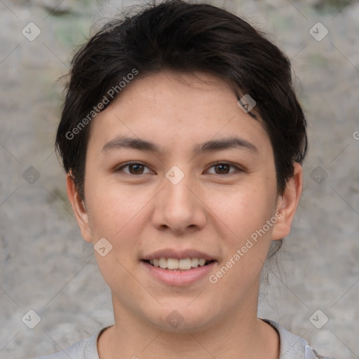 Joyful white young-adult female with short  brown hair and brown eyes