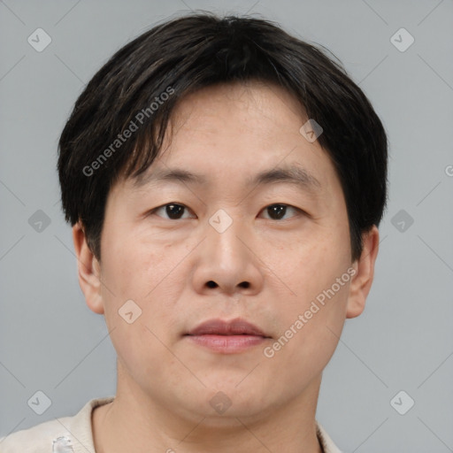 Neutral asian adult male with short  brown hair and brown eyes