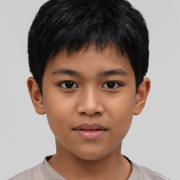 Joyful asian child male with short  brown hair and brown eyes