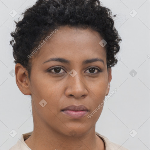 Neutral black young-adult female with short  brown hair and brown eyes