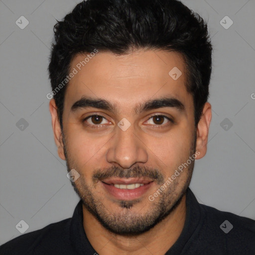 Joyful white young-adult male with short  black hair and brown eyes