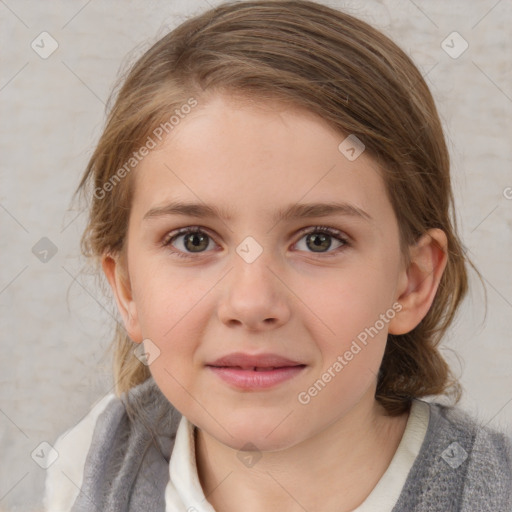 Joyful white child female with medium  brown hair and grey eyes