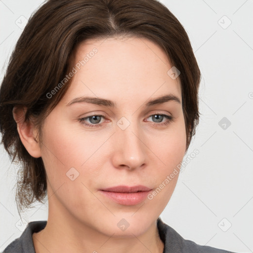 Neutral white young-adult female with medium  brown hair and grey eyes