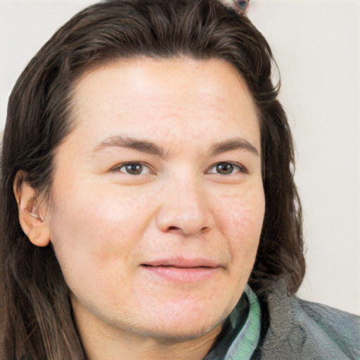 Neutral white adult male with long  brown hair and brown eyes