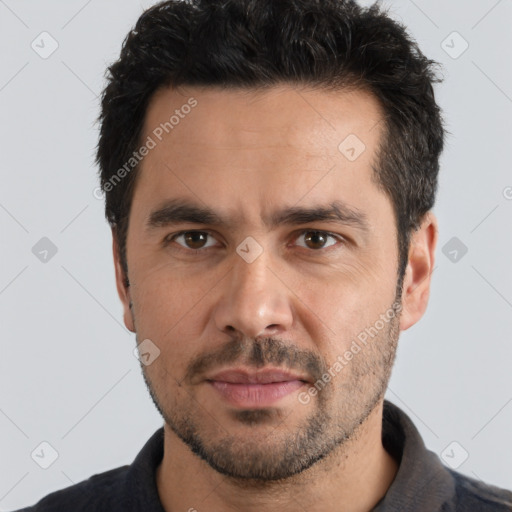 Neutral white adult male with short  black hair and brown eyes