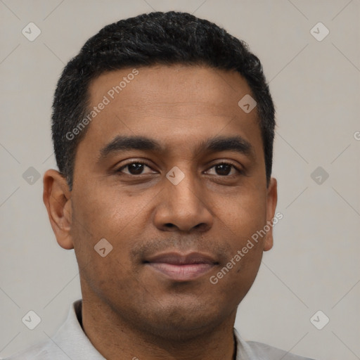 Neutral latino young-adult male with short  black hair and brown eyes
