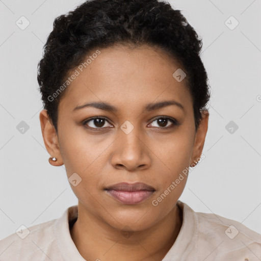 Joyful latino young-adult female with short  black hair and brown eyes