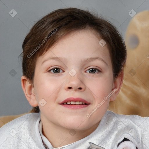 Joyful white child female with medium  brown hair and brown eyes