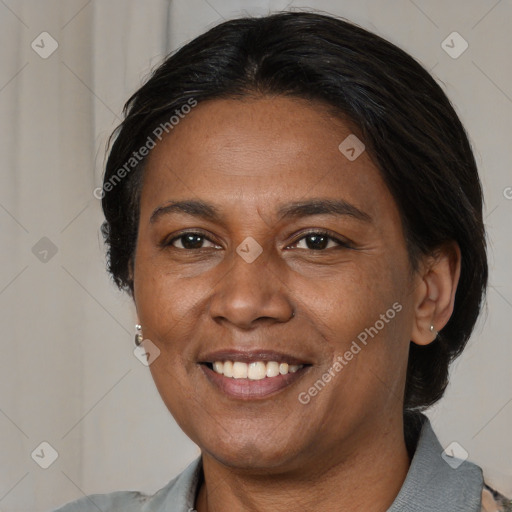 Joyful asian adult female with medium  brown hair and brown eyes