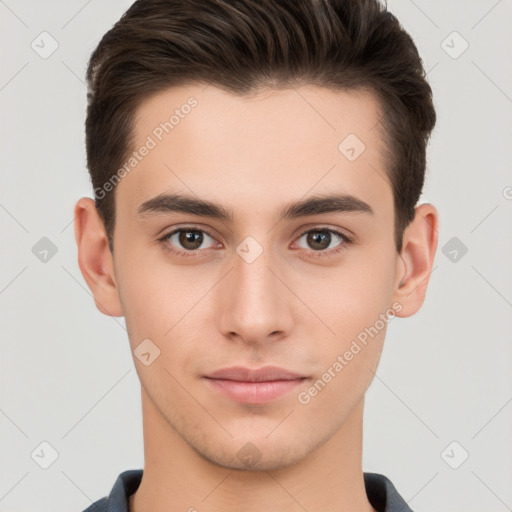 Neutral white young-adult male with short  brown hair and brown eyes