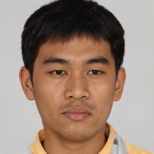 Neutral asian young-adult male with short  brown hair and brown eyes