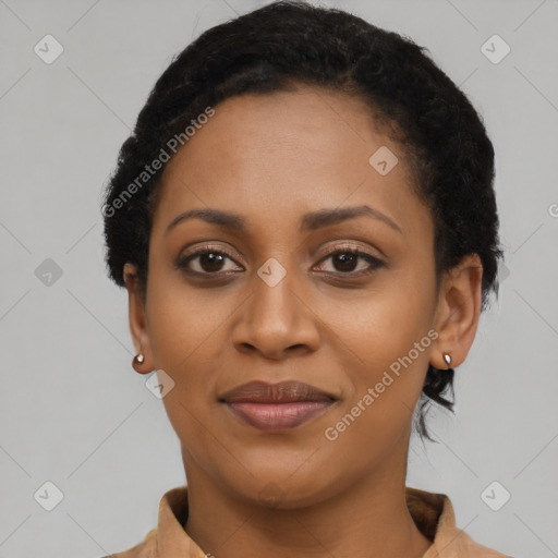 Joyful latino young-adult female with short  black hair and brown eyes