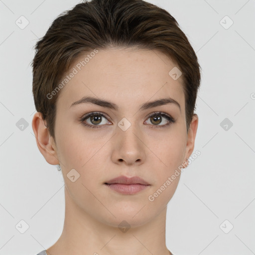 Neutral white young-adult female with short  brown hair and brown eyes