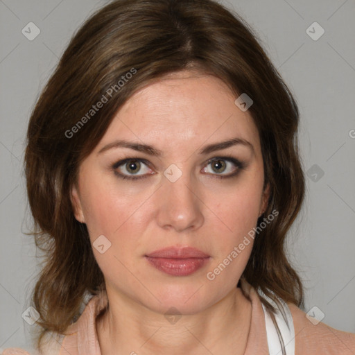 Neutral white young-adult female with medium  brown hair and brown eyes