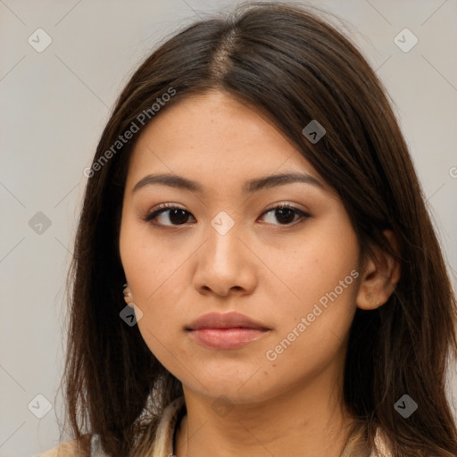 Neutral asian young-adult female with long  brown hair and brown eyes