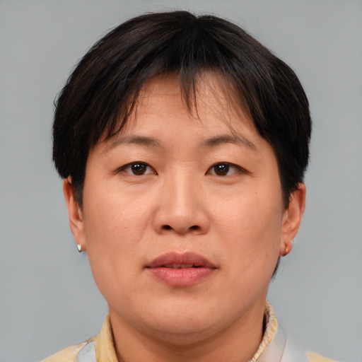 Joyful asian adult female with short  brown hair and brown eyes