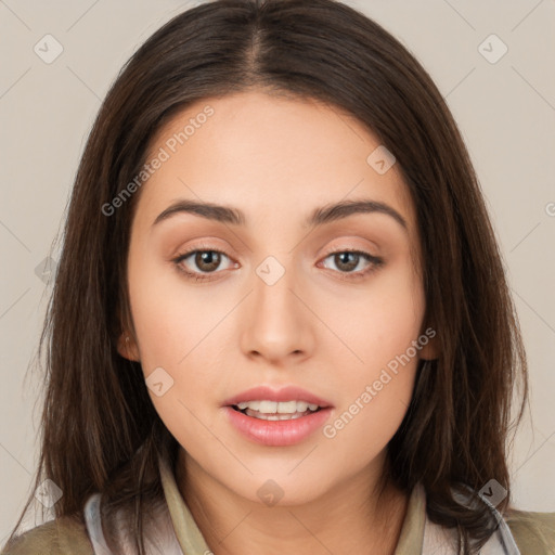 Neutral white young-adult female with long  brown hair and brown eyes