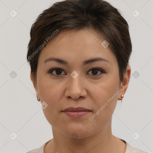 Joyful white young-adult female with short  brown hair and brown eyes