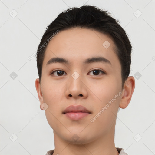 Neutral asian young-adult male with short  black hair and brown eyes