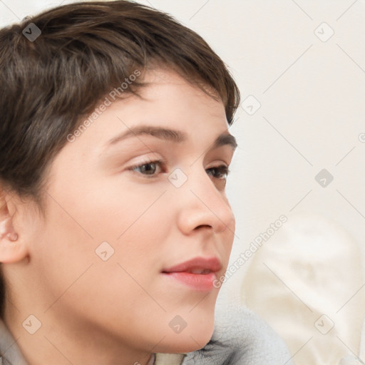 Neutral white young-adult female with short  brown hair and brown eyes